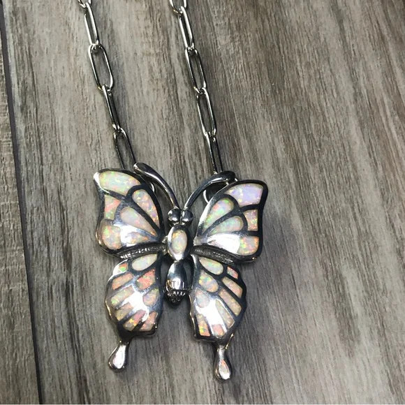 White Fire Opal Silver Butterfly Necklace - Picture 4 of 9
